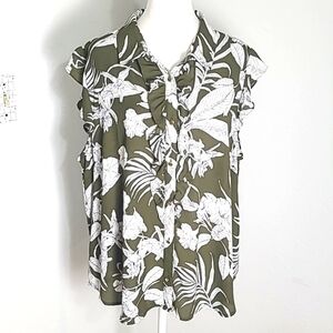 Liz Claiborne Army Green & White Floral Buttondown Top with Cap Sleeves Size XXL